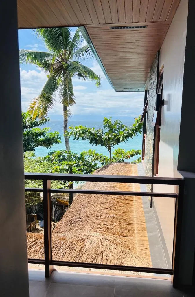 Balcony view of palms and the sea